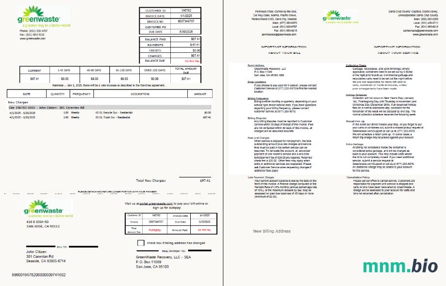 USA Green Waste rachunek za media szablon w formacie Word i PDF, 2 strony